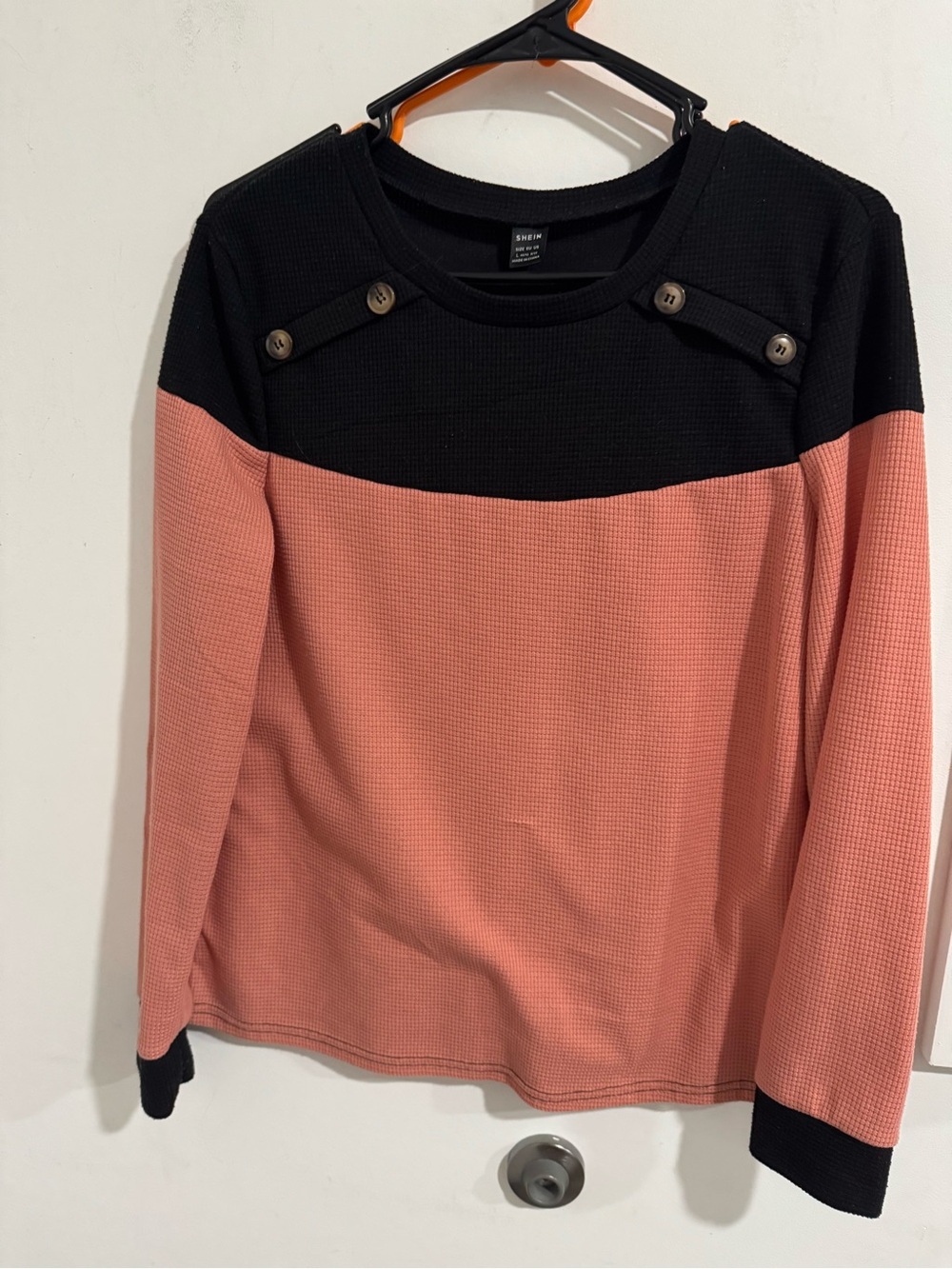 Women's Two-Tone Button Accent Thermal Sweater - Pink and Black